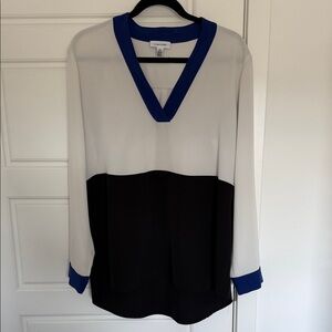 NWOT Calvin Klein White, Black & Royal Blue Colorblock V-Neck Blouse